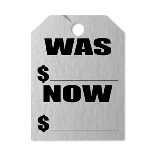 Was Now Mirror Hang Tags Metallic Silver and black.