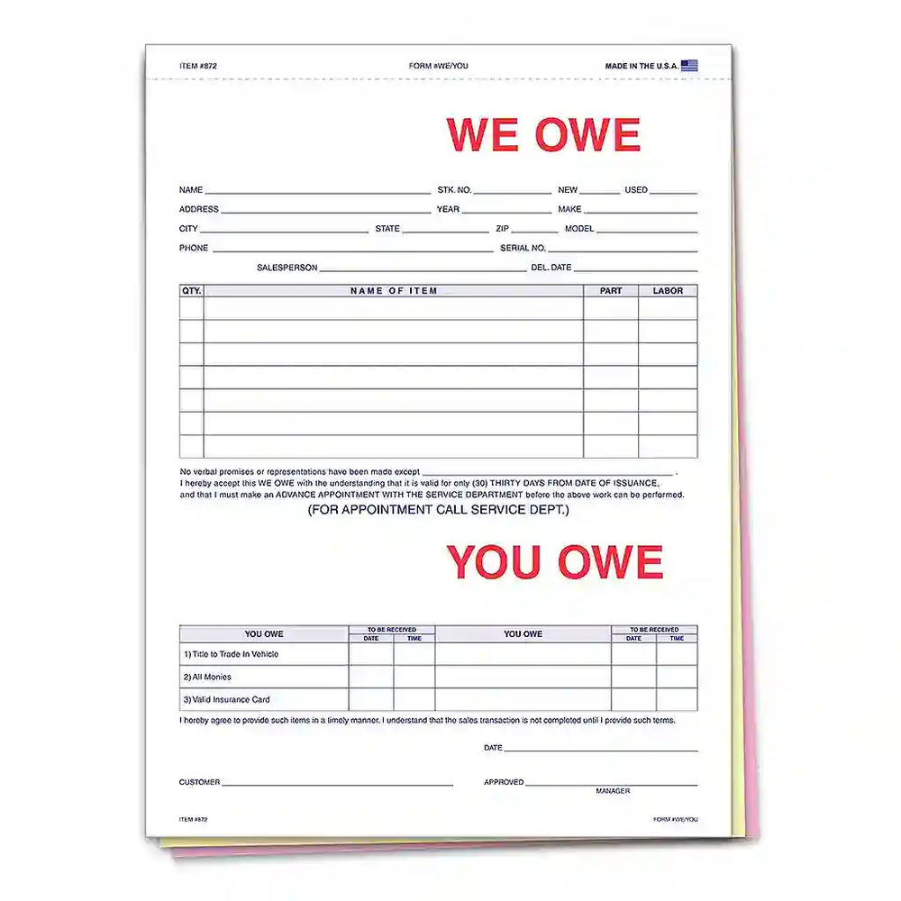 We Owe / You Owe Form – 3-Part Carbonless Auto Dealership Form