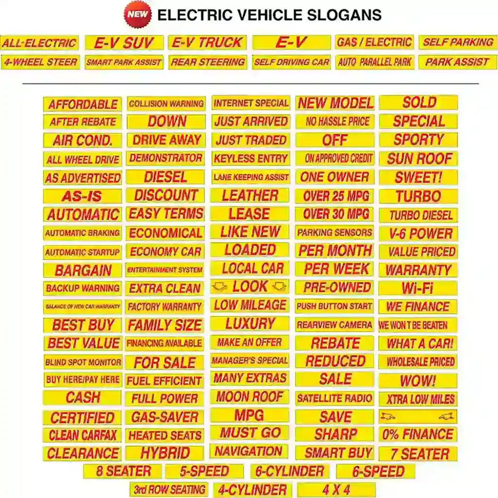 Yellow and red windshield slogan sticker with bold 3-D shading, 15" x 2-3/4", 12 pack