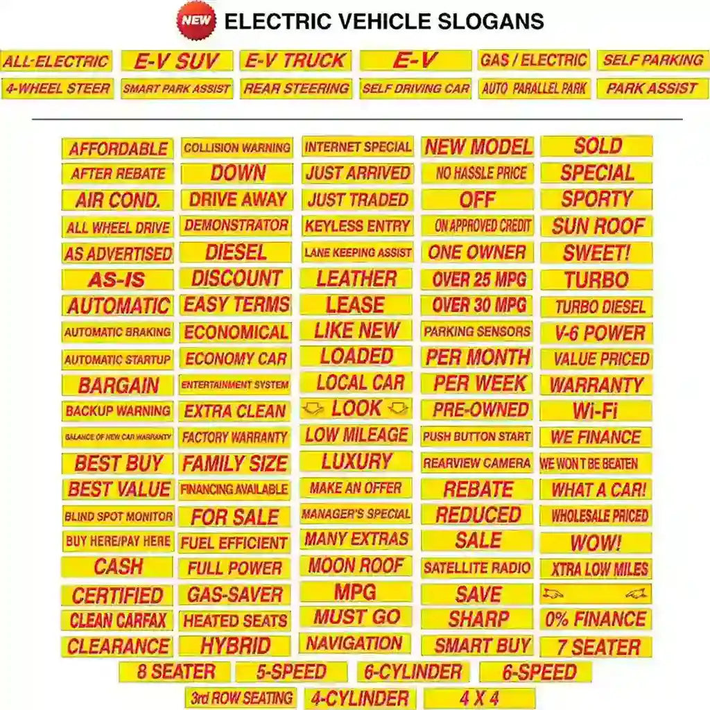 Yellow and red windshield slogan sticker with bold 3-D shading, 15" x 2-3/4", 12 pack